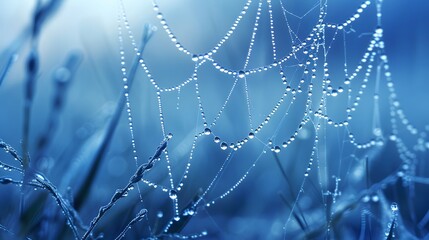 Wall Mural - beautiful natural background with necklace of water droplets on a cobweb in grass in spring of summe