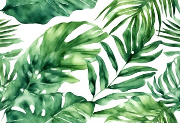 Canvas Print - treebranch painted illustration green foliage background botanical jungle white floral border bush tropic agriculture tropical bright pattern leaves art banana abstract beautiful hand watercolor