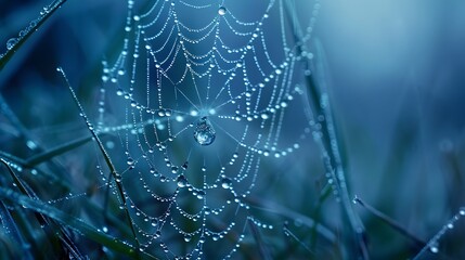 Wall Mural - beautiful natural background with necklace of water droplets on a cobweb in grass in spring of summe