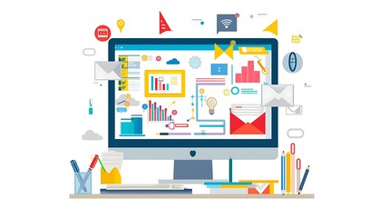 Poster - Modern desktop computer with various office supplies and digital elements