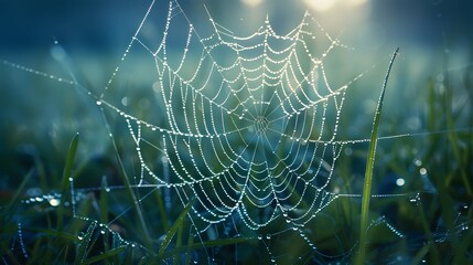 Wall Mural - beautiful natural background with necklace of water droplets on a cobweb in grass in spring of summe