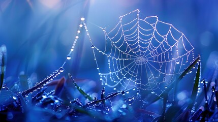 Wall Mural - beautiful natural background with necklace of water droplets on a cobweb in grass in spring of summe