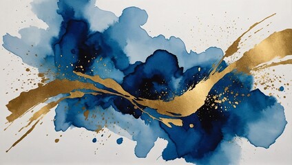 Abstract blue watercolor and gold illustration isolated on white. Contemporary artistic print