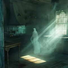 Canvas Print - A ghostly figure stands in a kitchen with sunlight shining through a window