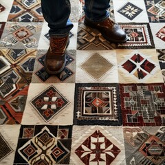 Wall Mural - A man is standing on a floor with a patterned rug