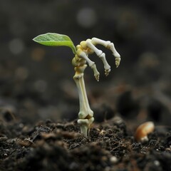 Canvas Print - A plant with a skeleton hand is growing in the dirt