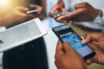 Poster - Technology, networking and hands of people in circle for data share, meeting or collaboration with connectivity. Phone screen, tablet and digital agency team on business website, search or mobile app