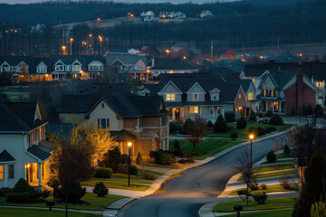 Wall Mural - At night, small countryside American town with private houses in landscape AI Generative