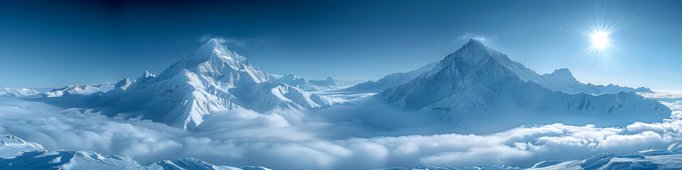 Canvas Print - Majestic Snow Covered Mountains under a Clear Blue Sky with Bright Sun