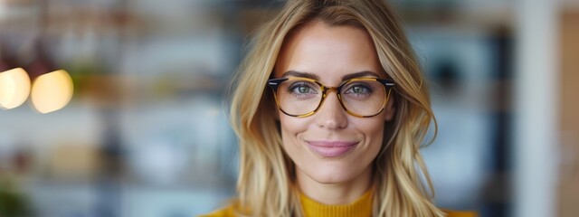 Wall Mural -  A tight shot of someone donning spectacles, smiling, against a hazy wall background