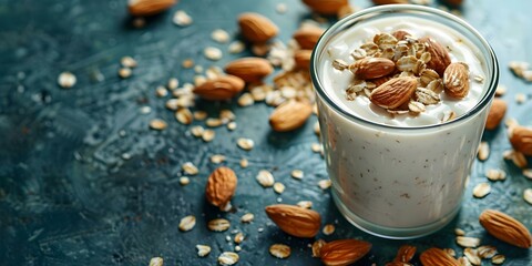 Wall Mural - Glass of milk with oats almonds on blue surface with sunlight. Concept Food Photography, Healthy Breakfast, Natural Lighting, Blue Background, Nutritious Ingredients