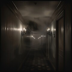 Wall Mural - A dark hallway with a few lights on