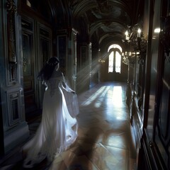 Wall Mural - A woman in a white dress is walking down a hallway