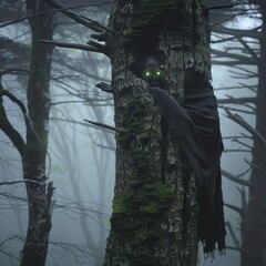 Canvas Print - A creepy figure is hiding in a tree, with green moss growing on the trunk