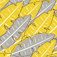 Canvas Print - Yellow and gray tropical leaves form a cute botanical pattern for modern textiles and wrapping paper. Vector.