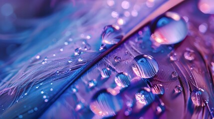 Wall Mural - beautiful transparent drops of rain water on a feather on a blue and violet background, macro, copy 