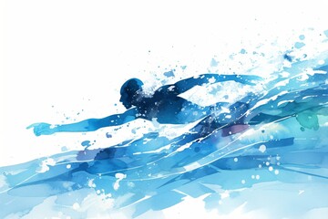 Silhouette of professional swimmer training in gym swimming pool center. Olympic Games. Fitness and sport, healthy life concept. Watercolor abstract illustration for design banner, poster