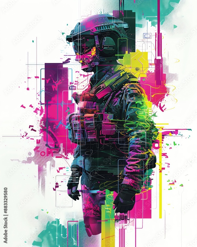 Futuristic neon soldier in tactical gear with vibrant digital art style ...
