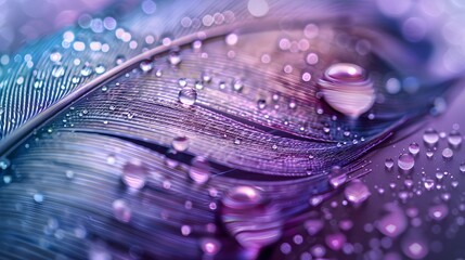 Wall Mural - beautiful transparent drops of rain water on a feather on a blue and violet background, macro, copy 