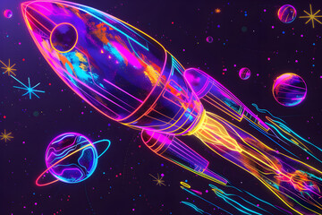 Wall Mural - Neon wireframe rocket launching into digital space isotated on black background.