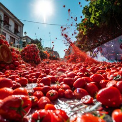 Poster - A large pile of red tomatoes is scattered across the ground