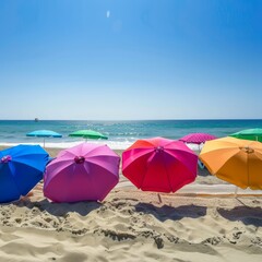 Poster - A row of colorful beach umbrellas are set up on the sand, creating a vibrant