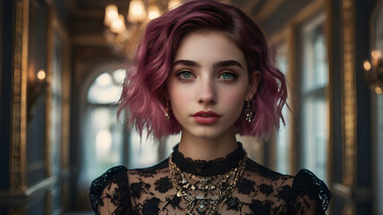 Wall Mural - Photorealistic full-body candid portrait of teen Emily Rudd with short, layered magenta hair. She is wearing daring, extravagant urban street style. Extremely narrow nose, long nose, straight nose