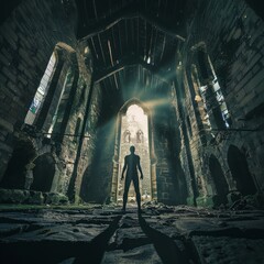 Wall Mural - A man stands in a dark, empty church with a light shining on him