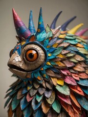 A colorful and intricate sculpture of a mythical creature made of leaves and other natural materials. AI.