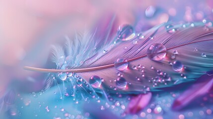 Wall Mural - beautiful transparent drops of rain water on a feather on a blue and violet background, macro, copy 