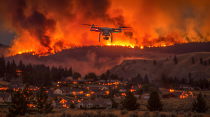 Poster - A drone flies over a wildfire. AI.