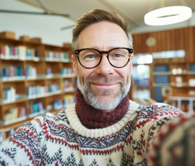 Canvas Print - Bearded man wearing glasses smiles for a selfie in a library. AI.