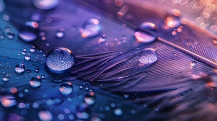 Wall Mural - beautiful transparent drops of rain water on a feather on a blue and violet background, macro, copy 