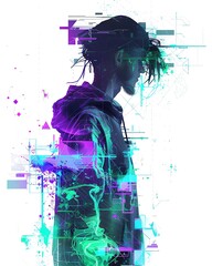 Wall Mural - Futuristic digital art of a person in profile with glitch effects and abstract neon colors, combining technology and human elements.