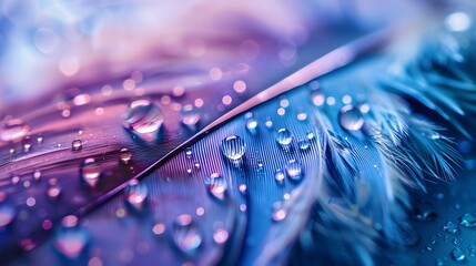 Wall Mural - beautiful transparent drops of rain water on a feather on a blue and violet background, macro, copy 