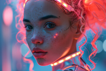 Poster - a woman with glowing, neon-colored hair curlers in a sleek, silver bodysuit, set against a high-tech
