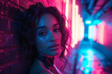 Poster - A cyber-chic image of a woman with metallic hair curlers, wearing a sleek, dark bodysuit in a neon-lit alley,