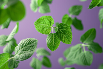 Wall Mural - Fresh Green Leaves Against Purple Background Vibrant Nature  for Design and Inspiration