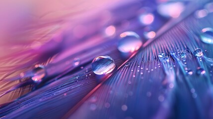 Wall Mural - beautiful transparent drops of rain water on a feather on a blue and violet background, macro, copy 