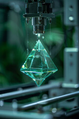 Poster - The claw machineâ€™s arm lifting a prism-shaped figure, with a solid green background,