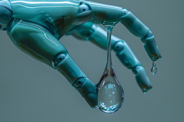Poster - The robotic claw lifting a smooth, teardrop-shaped figure, against a solid turquoise backdrop,