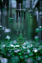 Poster - An abstract claw machine with polished metallic claws extracting a bright, pyramid-shaped figure from a heap of identical shapes, with a solid green backdrop,
