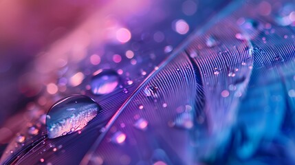 Wall Mural - beautiful transparent drops of rain water on a feather on a blue and violet background, macro, copy 