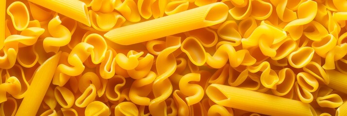 Poster - Assorted dry pasta creating a rich yellow textured background. Perfect for Italian cuisine.