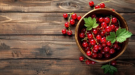 Sticker - Ripe red currants in a bowl on a wooden table Organic summer food with copy space