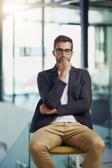Poster - Businessman, portrait and crossed arms in office on chair for company, trust or about us with glasses. Financial advisor, face and professional person at work for growth with experience or confident