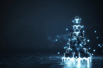 minimalistic black background with a simple christmas tree made of hexagons and blue lights on the l