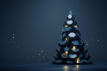 minimalistic black background with a simple Christmas tree made of hexagons and blue lights on the left side. Christmas tree made of hexagons with blue decorative spheres and a star.