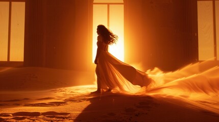 Wall Mural - A woman in a long dress is standing in a sandy area with a lot of dust