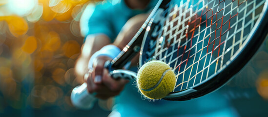 Close-up of muscular arms holding a tennis racket and hitting the ball. Banner championship tennis